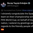 Erdogan Ucapkan Selamat kepada Spanyol Usai Juara Piala Dunia 2026