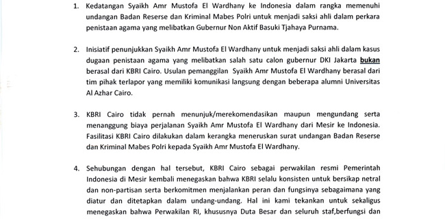 KBRI: Kedatangan Ulama Mesir Karena Undangan Bareskrim Atas Usulan Tim Ahok