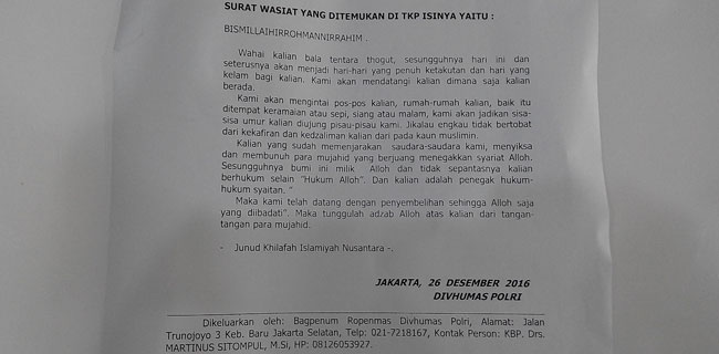 Ditulis Ulang Polisi, Inilah Surat Wasiat Terduga Teroris Jatiluhur