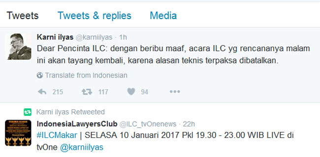 â€@karniilyas: Mohon Maaf, ILC dengan Tema Makar Terpaksa Dibatalkan