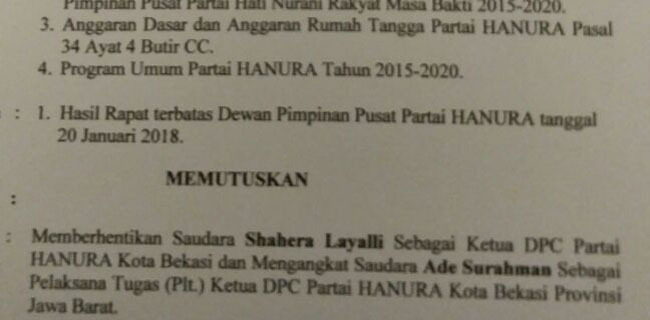Ketua DPC Partai Hanura Kota Bekasi Dipecat