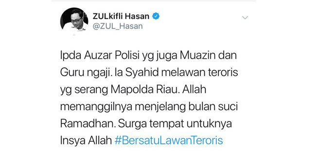 Zulkifli Hasan: Ipda Azuar Syahid Melawan Teroris