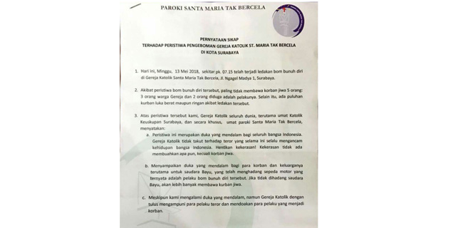 Paroki Santa Maria Tak Bercela: Gereja Mengampuni Para Pelaku Teror Dan Mendoakan Mereka