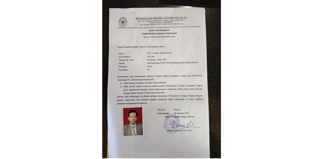 Surat Keterangan PN Sleman Buat Mahfud MD