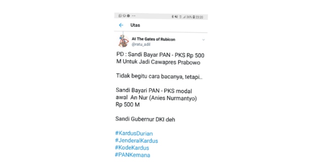 <i>@ratu_adil</i>: Yang Benar, Sandi Bayari PAN-PKS Rp 500 M Untuk Jadi Gubernur