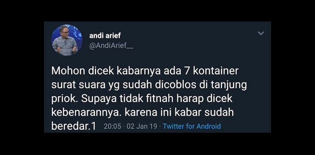 Twit Andi Arief Tentang Warning Tujuh Kontainer Surat Suara Dihapus