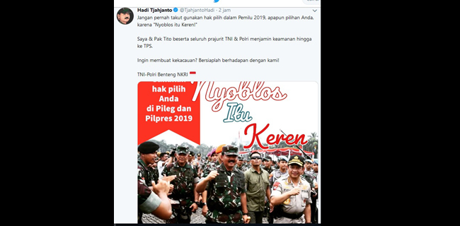 Postingan Panglima TNI Ajak Mencoblos Mendadak Hilang