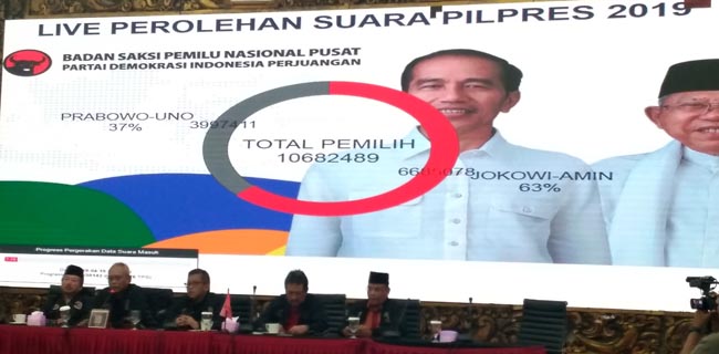 Rekapitulasi PDIP: Jokowi-Maruf 63 Persen, Prabowo-Sandi 37 Persen