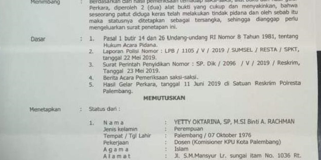Lima Komisioner KPU Kota Palembang Ditetapkan Tersangka Tindak Pidana Pemilu