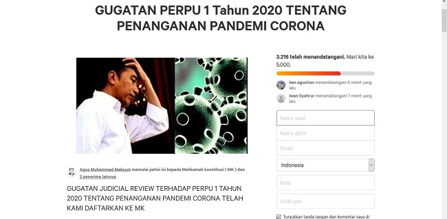 Viral, Petisi Gugat Perppu Corona: Manfaatkan Pandemik Covid-19 Untuk Mengeruk Uang Negara