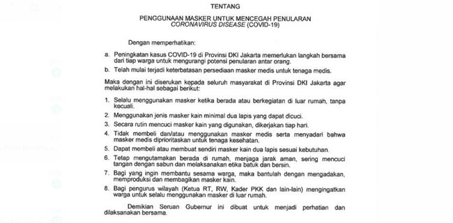 Stok Masker Medis Langka, Anies Serukan Seluruh Warga Jakarta Gunakan Masker Kain