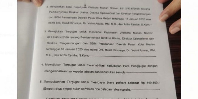 SK Walikota Dibatalkan PTUN, Jabatan 3 Direksi PD Pasar Kota Medan Harus Dikembalikan
