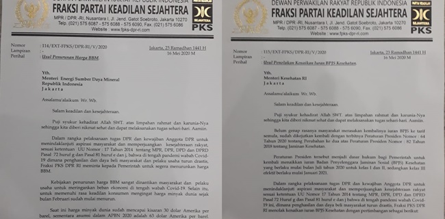 Kirim Dua Surat Untuk Pembantu Jokowi, PKS Minta Turunkan BBM Dan Batalkan Kenaikan BPJS