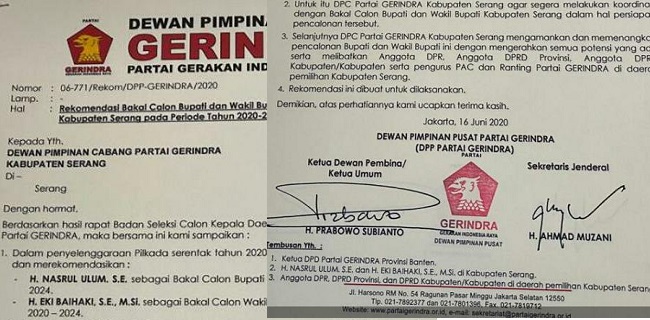 Nasrul Ulum-Eki Baihaki Disebut Dapat Rekomendasi, Ini Penjelasan Gerindra Banten