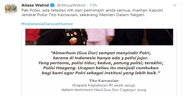 Kecewa Ada Polisi Yang Panggil Pengunggah Guyonan Gus Dur, Alissa Wahid Ingatkan Tentang Teladan Tito Karnavian