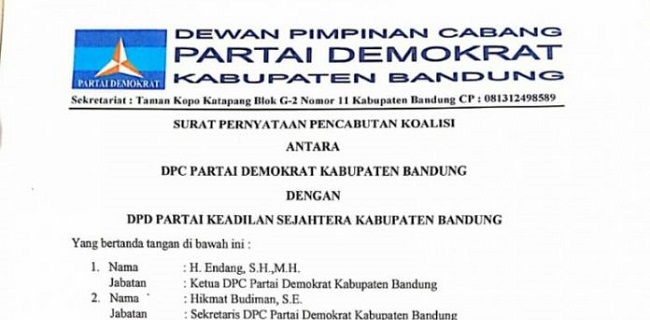 Tunjukkan Surat Resmi, Demokrat Tegaskan Tak Lagi Berkoalisi Dengan PKS Di Pilbup Bandung 2020
