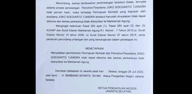 Selalu Absen Sidang, PN Jaksel Putuskan PK Djoko Tjandra Ditolak