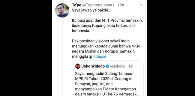 Berbaju Adat NTT Di Sidang Tahunan MPR, Politisi Demokrat: Jokowi Tunjukan Ke Dunia NKRI Negara Miskin Dan Korup