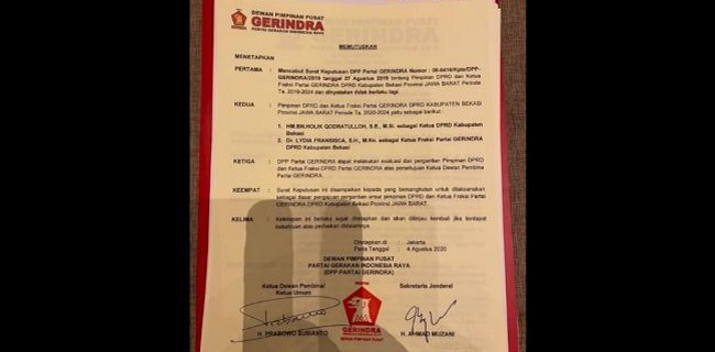 Beredar Surat Keputusan DPP Gerindra, Ketua DPRD Kabupaten Bekasi Diganti?