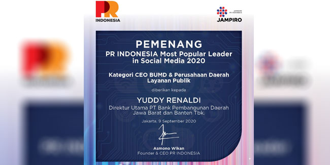 Dirut bank bjb Yuddy Renaldi Raih Penghargaan Most Popular Leader in Social Media 2020