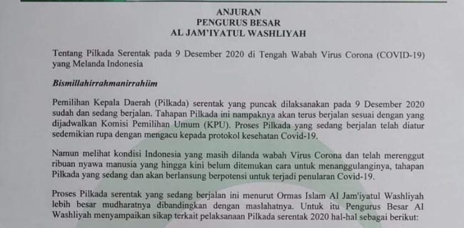 Setelah NU Dan Muhammadiyah, Giliran Al Washliyah Minta Pilkada 2020 Ditunda