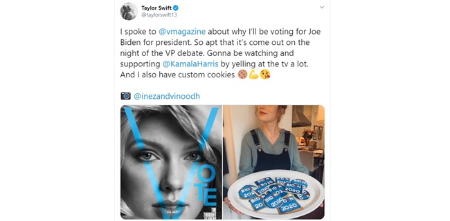 Taylor Swift Dukung Kamala Harris, Siap Saksikan Debat Sambil Makan Kue Khusus Bertuliskan Biden