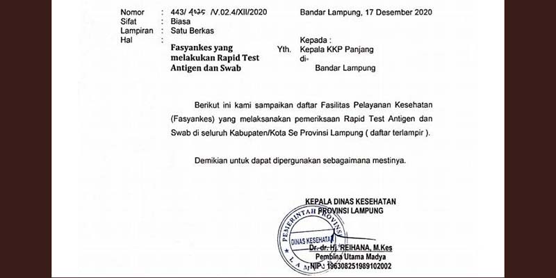 Provinsi Lampung Siapkan 192 Fasyankes Layani Rapid Test Dan Swab Test