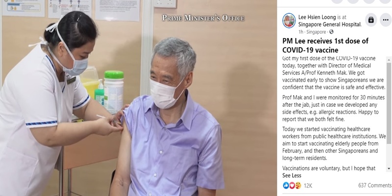 Perdana Menteri Lee Hsien Loong Jadi Orang Pertama Di Singapura Yang Disuntik Vaksin