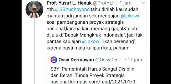 Katain SBY "Bapak Mangkrak Indonesia", Yusuf Leonard Henuk Tidak Mendidik Dan Tak Cerminkan Gurubesar