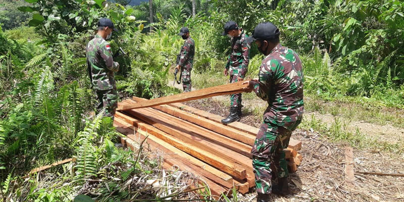 Lakukan Patroli Rutin, Satgas Pamtas Kapuas Amankan Puluhan Kayu Hasil <i>Ilegal Logging</i>