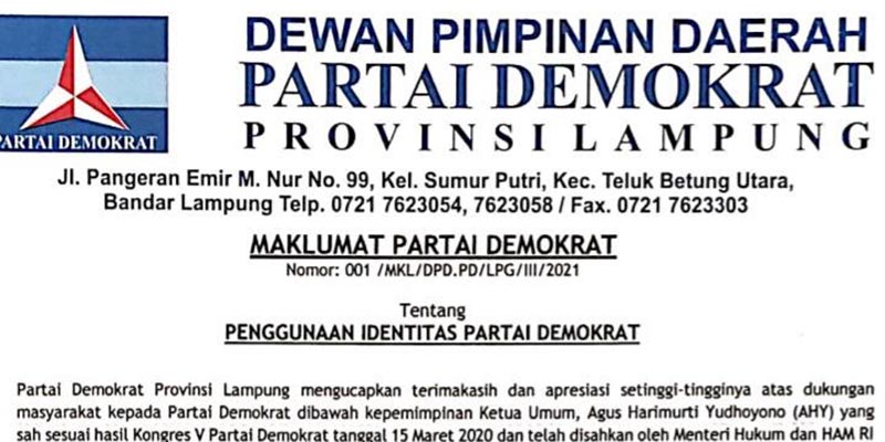 Terbitkan Maklumat, Demokrat Lampung Larang Pemakaian Atribut Tanpa Izin