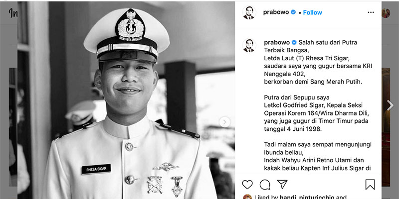Keluarga Menhan Prabowo Ternyata Ada Yang Gugur Bersama Nanggala 402