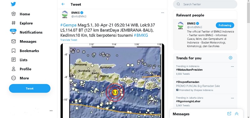 Bali Diguncang Gempabumi 5,1 Magnitudo Pagi Ini, BMKG: Tidak Berpotensi Tsunami