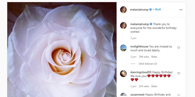Ulang Tahun ke 51, Melania Trump Unggah Foto Mawar Putih Di Instagramnya