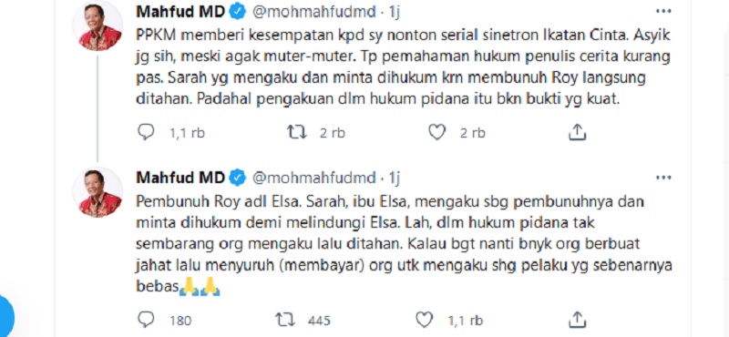 Mahfud MD Dikecam Netizen Karena Nonton Sinetron Saat Rakyat Susah Terdampak PPKM Darurat