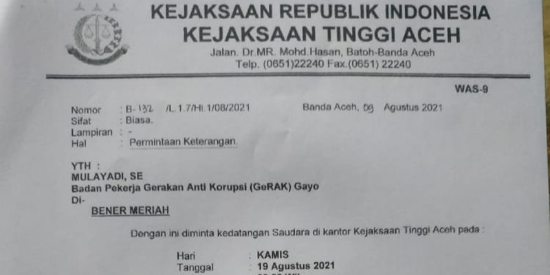 Kasus Proyek di Bener Meriah, Kejati Aceh Panggil Badan Pekerja GeRAK