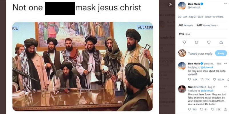 Unggah Foto Taliban Tanpa Masker, Elon Musk: Apakah Mereka Tahu Ada Varian Delta?