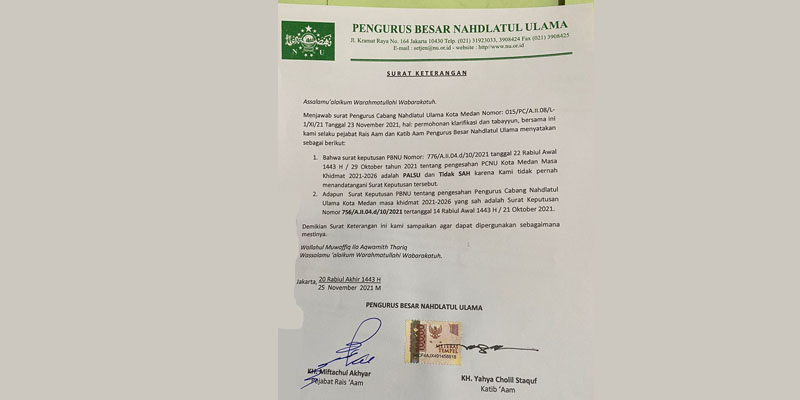 Surat pernyataan Rais Aam KH Miftachul Akhyar dan Khatib Aam PBNU yang menyatakan tanda tangan di SK PCNU Medan dipalsu dan tidak sah/RMOL