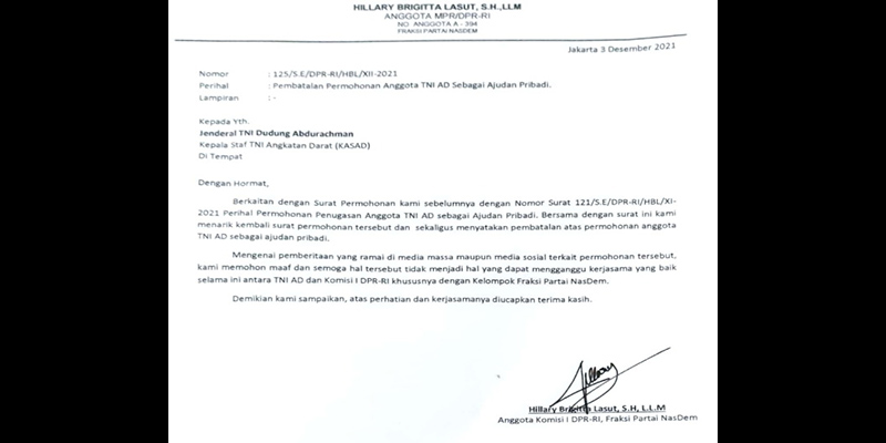 Batal Minta Ajudan, Hillary Minta Maaf dan Berharap TNI AD Tetap Baik kepada Fraksi Nasdem