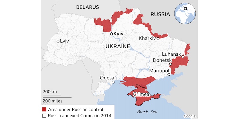 Wilayah berwarna merah sudah dikuasai oleh pasukan Rusia hingga 25 Februari 2022 pukul 18.00 waktu setempat/BBC