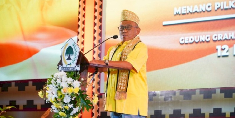 Ketua Dewan Pembina DPP Partai Golkar Aburizal Bakrie sata pidato di forum Rapat Kerja Daerah (Rakerda) Golkar Lampung/RMOLLampung