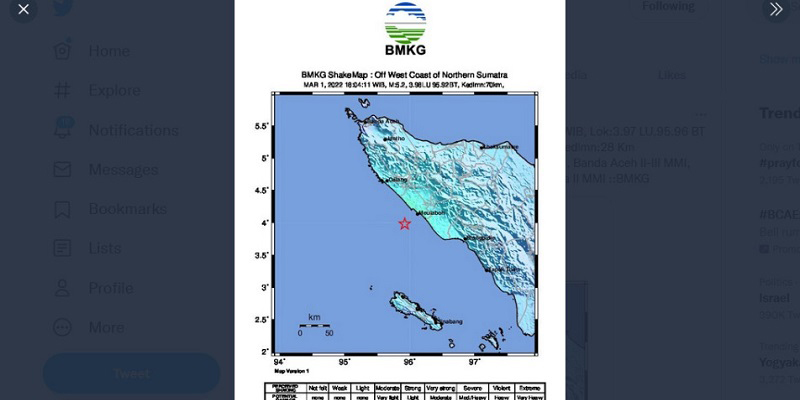 Gempa Magnitudo 5,3 di Meulaboh Aceh Barat, Tak Berpotensi Tsunami