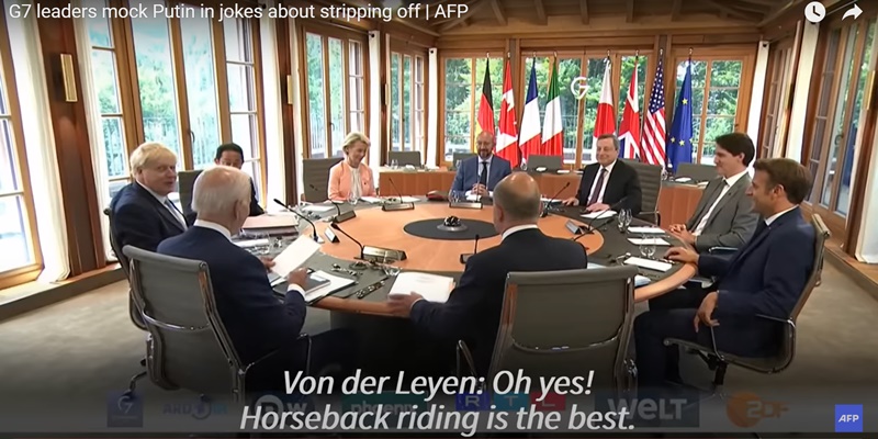 Para pemimpin dalam kelompok G7 mengisi makan siang mereka dengan membecandai penampilan Vladimir Putin/Net