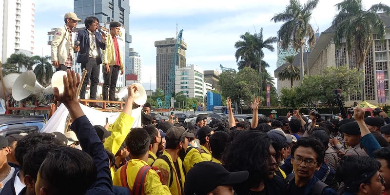 Mahasiswa melakukan demonstrasi di kawasan Patung Kuda Jakarta Pusat/RMOLJakarta
