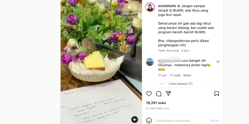 Unggah Video Tikus Ikut Rapat, Erick: Jangan Sampai Terjadi di BUMN