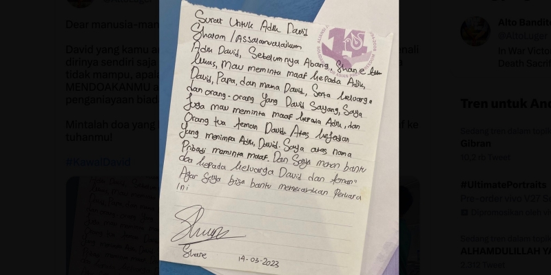 Tulis Surat Permintaan Maaf, Shane Lukas Janji Pecahkan Kasus Penganiayaan David Ozora