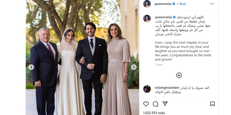 Mengenakan Kalung Berlian Milik Nenek, Putri Raja Yordania Terlihat Lebih Anggun di Hari Pernikahan