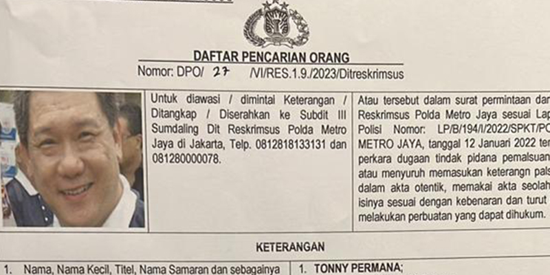 Polisi Masukan Tonny Permana Dalam DPO Kasus Dugaan Mafia Tanah