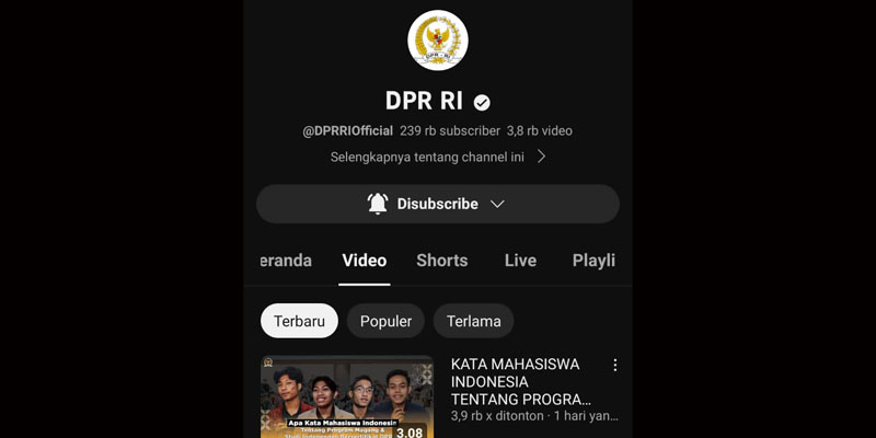 Akun YouTube DPR RI Pulih