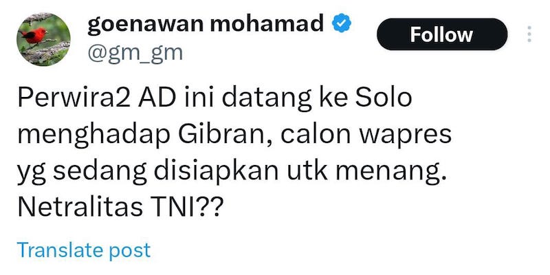 Netralitas TNI AD Dipertanyakan Usai Temui Gibran, Begini Jawaban Kadispenad untuk Goenawan Mohamad
